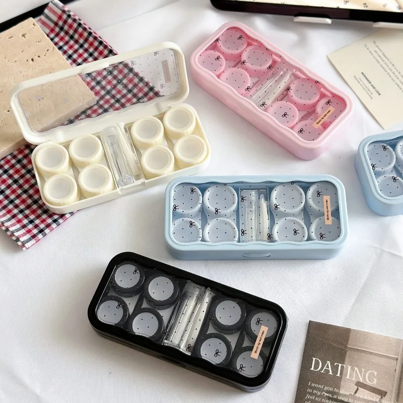 Kawaii Bowknot Polka Dot Contact Lens Case Holder with Mirror Large Capacity Travel Eyewear Care Container for Women
