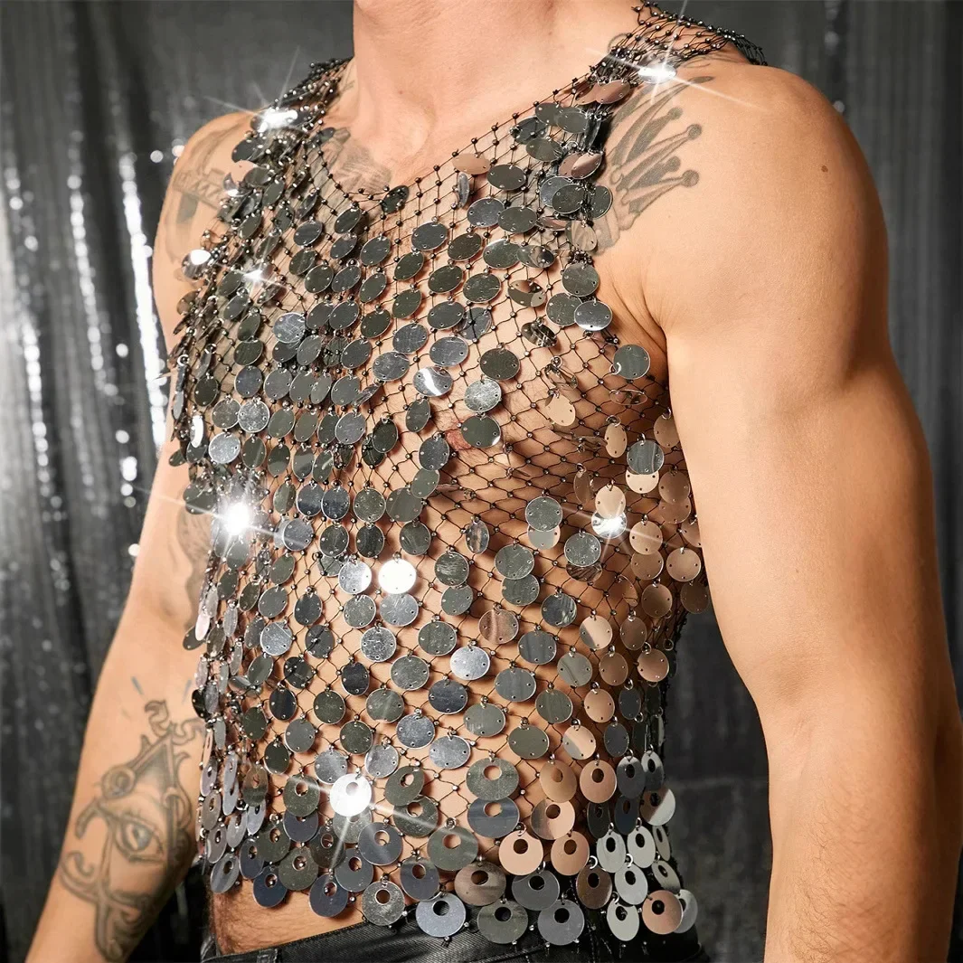 Heavy Industry Sequin Hollow out Vest Strap Short Retro Handmade Fashion Vest Men's Clothing 2025 Shiny Sequin Vest