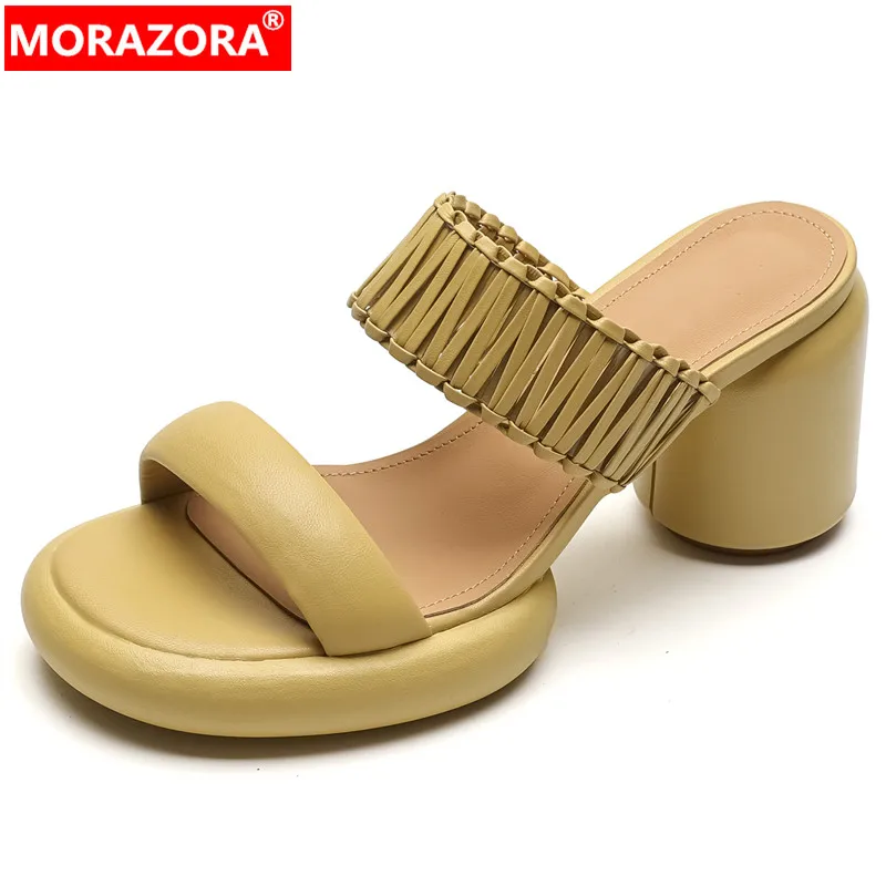 MORAZORA 2024 New Genuine Leather Women Slippers Top Quality Ladies Casual Shoes Thick High Heels Platform Slippers