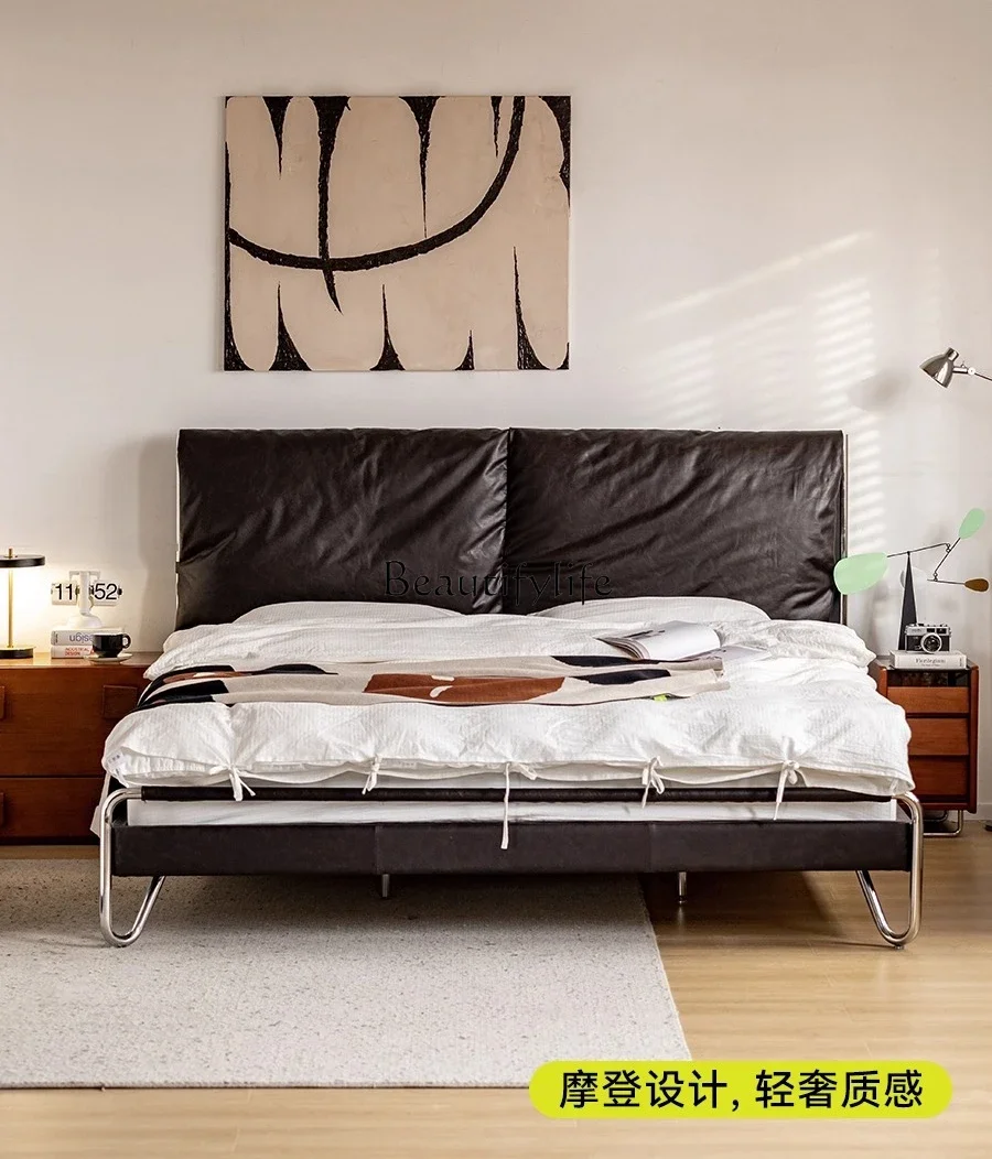 

yj21 yj31 Genuine Leather Bed French Retro Black Top Layer Cowhide Italian Modern Minimalist