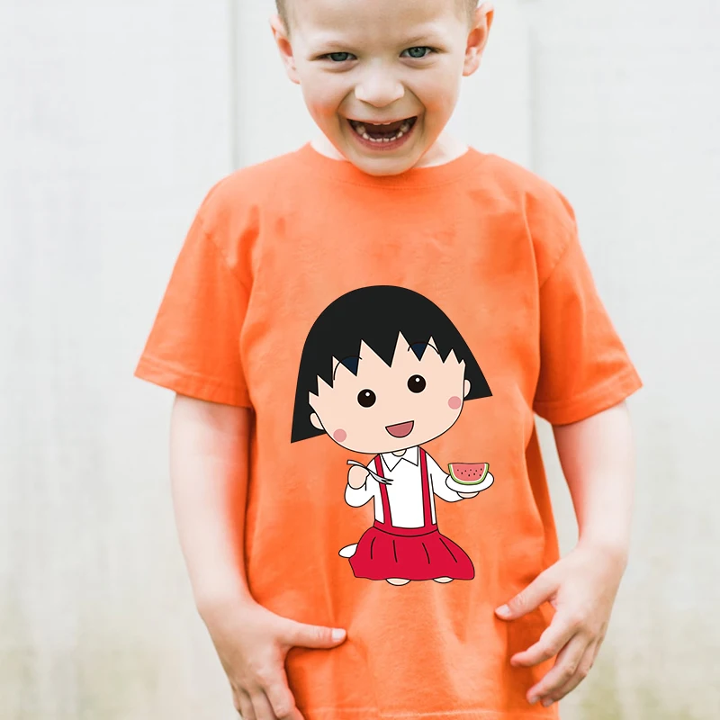 Детская футболка с принтом Chibi Maruko-chan, летняя детская хлопковая футболка с короткими рукавами, подходит для мальчиков и девочек, серые повседневные топы