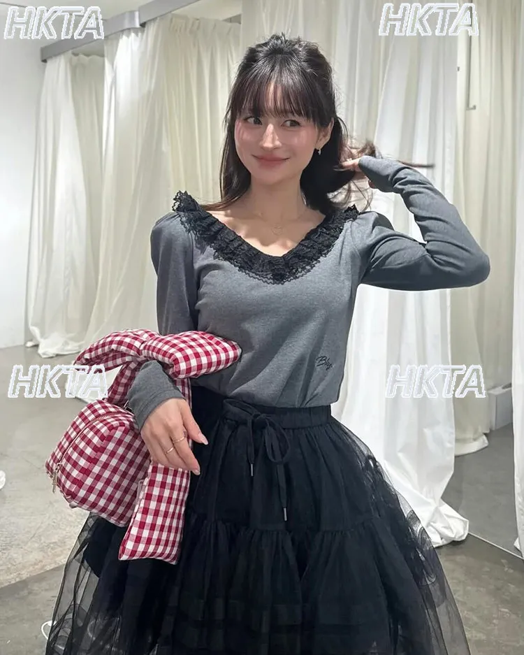 2026 New Women Japanese-style Chic Sweet V-neck Tiered Lace Ruffle Bubble Sleeve Bodysuit T-shirt Slim-fit Long Sleeve Tshirt