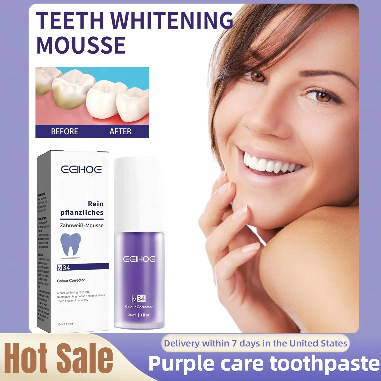 V34 Purple Brightening Toothpaste Removes Dirt, Reduces Yellowing, Cares for Teeth and Gums, Freshens Breath and Keeps Clean