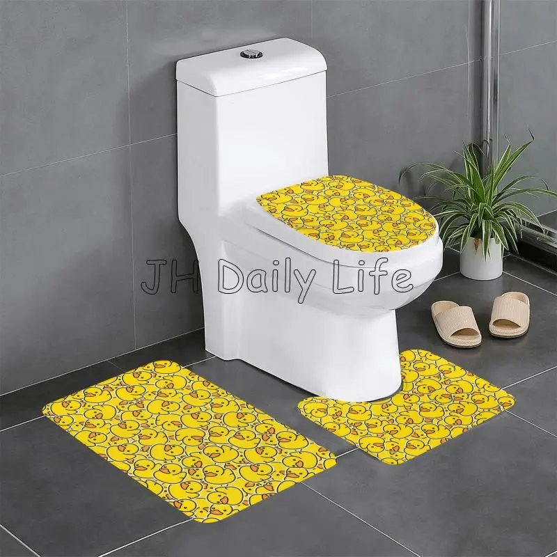 Yellow Cartoon Ducks Bathroom Rugs Sets 3 Piece Coral Velvet Bath Rugs Non-Slip Absorbent U-Shaped Shower Mat Decor Area Rug Set