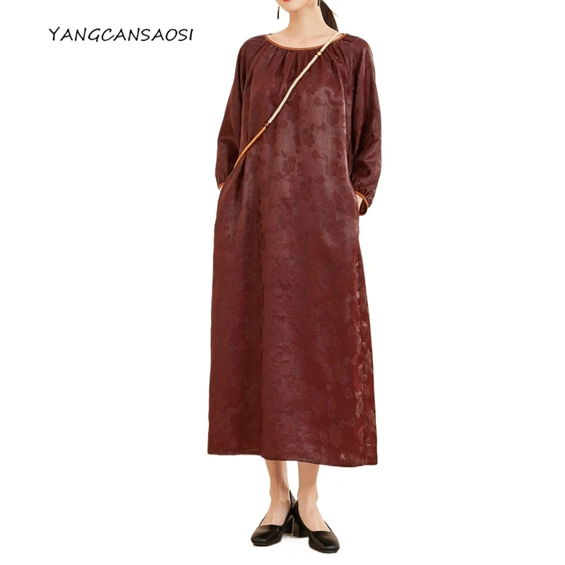 

2025 Women's Fashion Autumn Clothing 100% Natural Mulberry Silk Red Cloud Yarn Round Neck Long Sleeve Temperament Dress