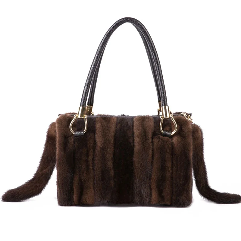 Bags For Women Real Fur Luxury Shoulder Bag High Quality Natural Mink Fur Handbag Large Capacity New Cross Body Leather Bag