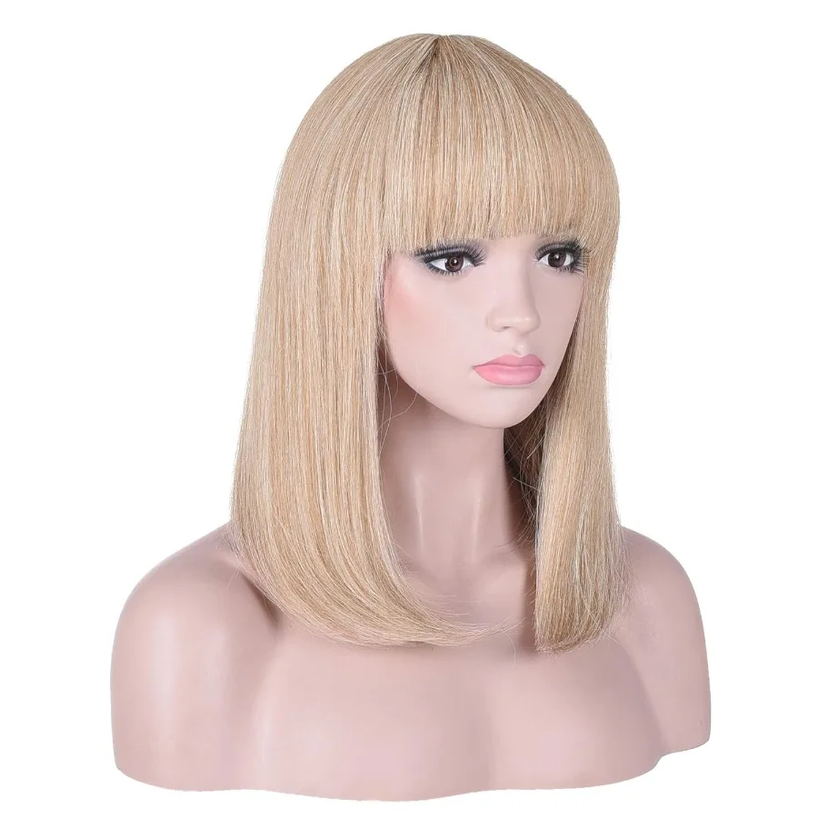 Peluca Bob con reflejos rubios cortos y lisos de 15 pulgadas con flequillo, pelucas de pelo sintético resistentes al calor de aspecto Natural para mujeres en Everyd