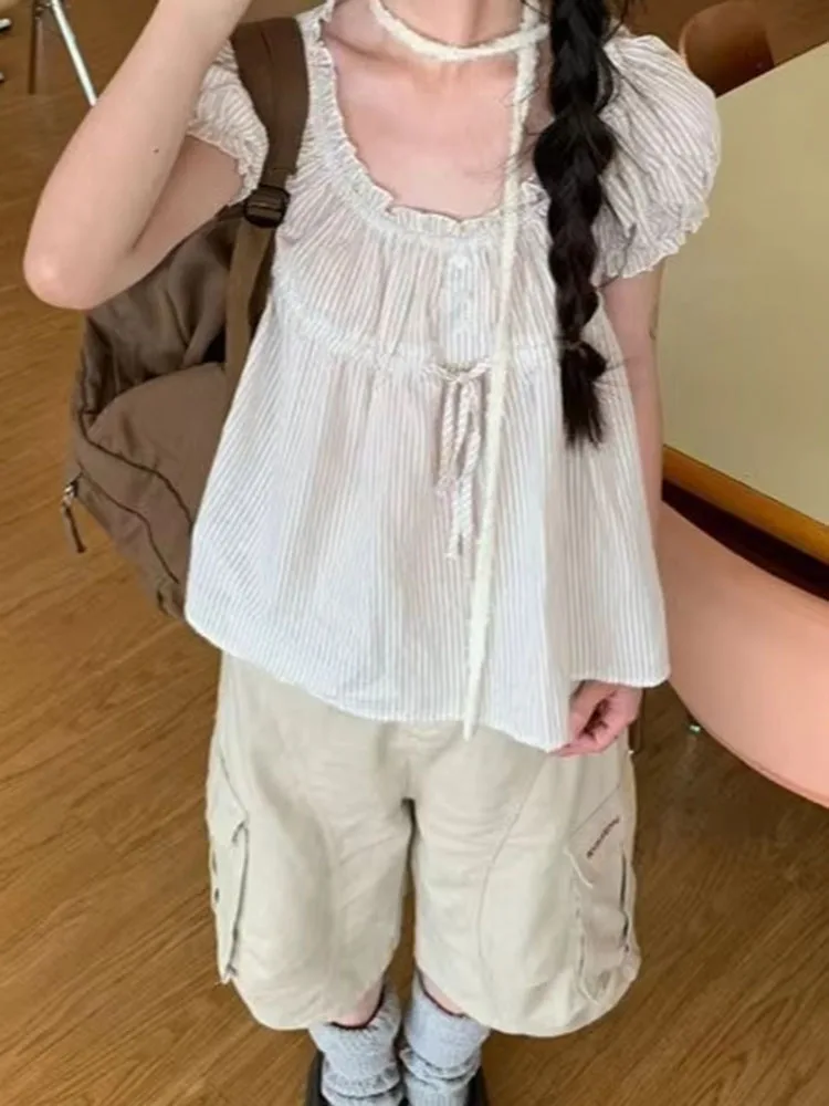 Shirts Women Bandage Loose Puff Short Sleeve Striped Slash Neck Vintage Sweet Blouse Elegant Summer Fashion Female Tops