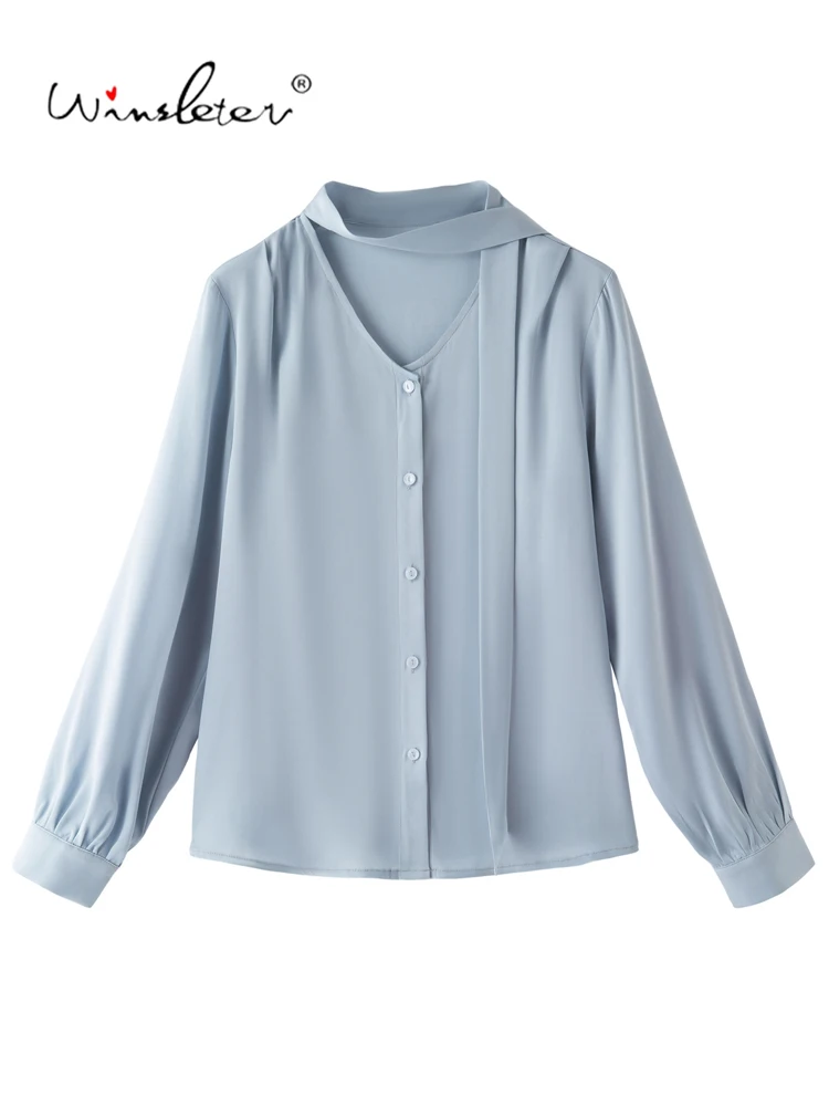 Winsleter-93%Silk 7%Spandex Elegant Shirt, V Neck Long Sleeve Ribbon, Women Basic Occupation Loose Blouse, 2026 Autumn T6O339CC