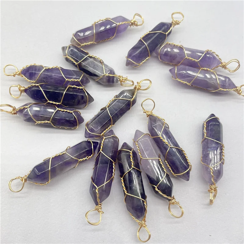 

Natural Gem Stone Quartz Crystal Amethyst Gold Winding Hexagonal Pendant Reiki Pendulum DIY Jewelry Making Necklaces 24Pcs