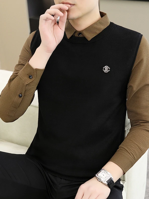

Men's Knitted Sweater irt Collar Patchwork Stripe Fake Two-Piece Winter New Sle Casual Thiened Long Sve Polyester Blend