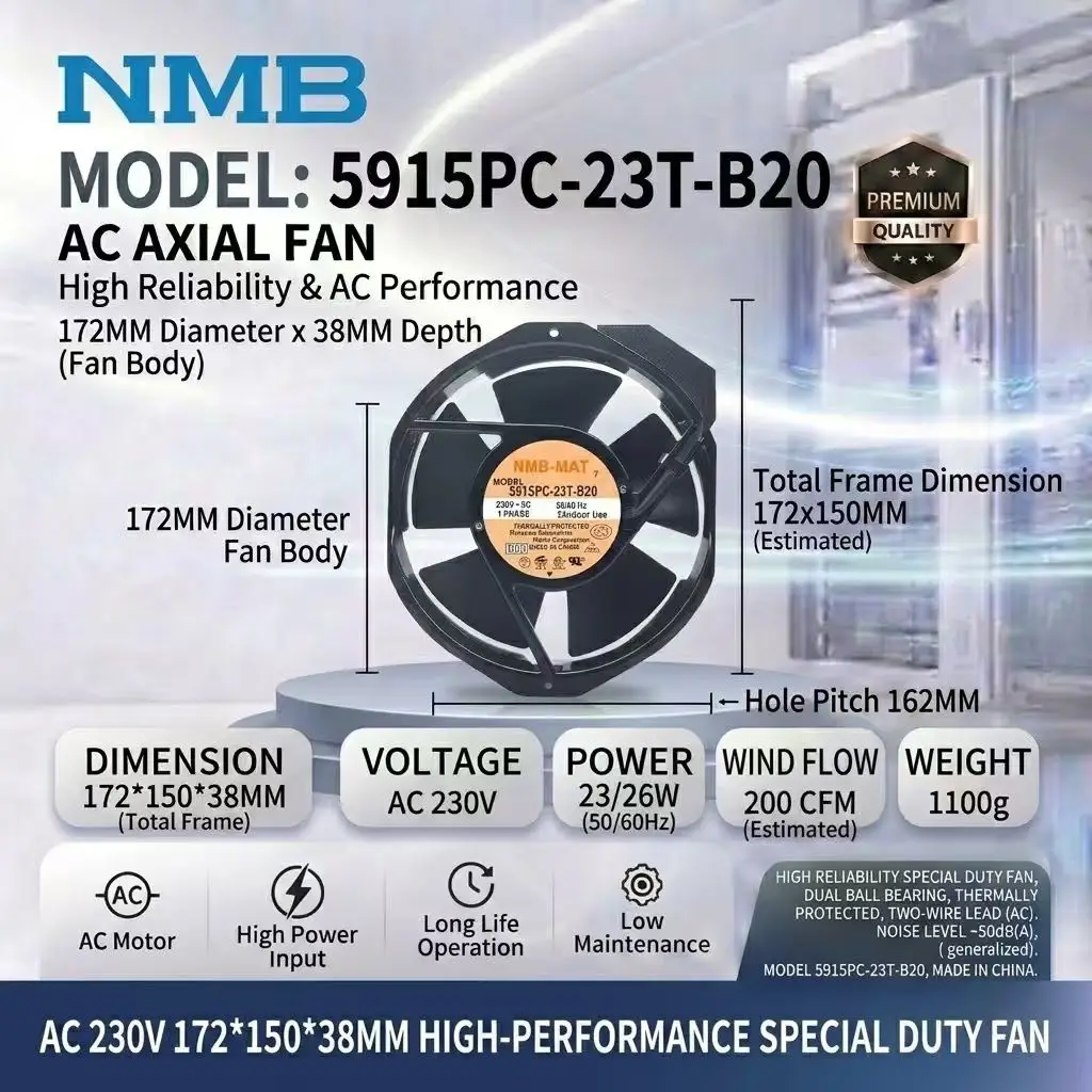 For NMB-MAT 5915PC-23T-B20 17250 172x150x38mm Dual Ball Bearing 26W 200CFM 50dB Cabinet Inverter Server Axial Cooling Fa