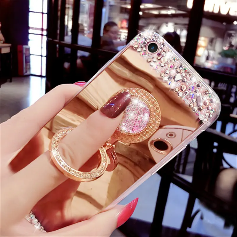 Fancy Diamond Bear Crystal Stone Finger Ring Stand Mirror Phone Case For iphone 15 Por 13 14 12 11 Pro Max X XS Max XR 7 8 Plus
