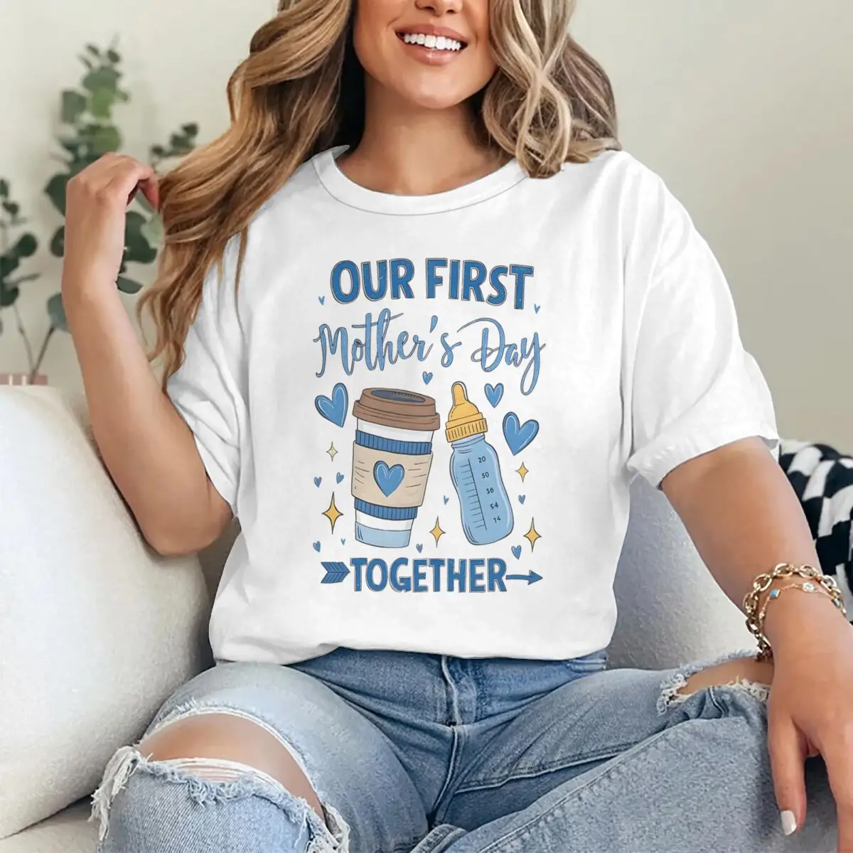 Our First Mother's Day Together Print T Shirts Fun Coffee And Bottle Graphic Tshirts Short Sleeve Crewneck Casual Tops For Women