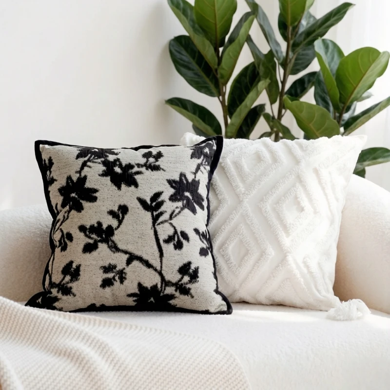 

Vintage Floral Throw Pillow Modern Black and White Sofa Cushions American Style Living Room Decorative Pillowcase 45x45cm