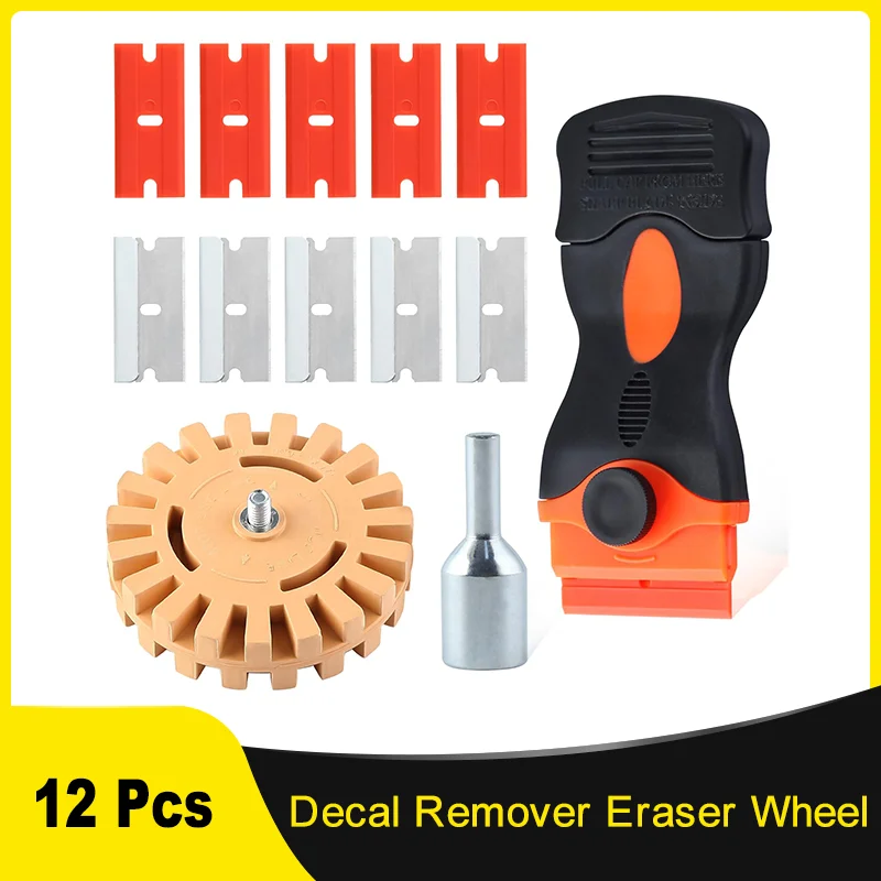 Decal Remover Eraser Wheel with Blade Scraper and 4-Inch Rubber Wheel Sticker Remover for Cars RVs Trucks Boats Windows Metal