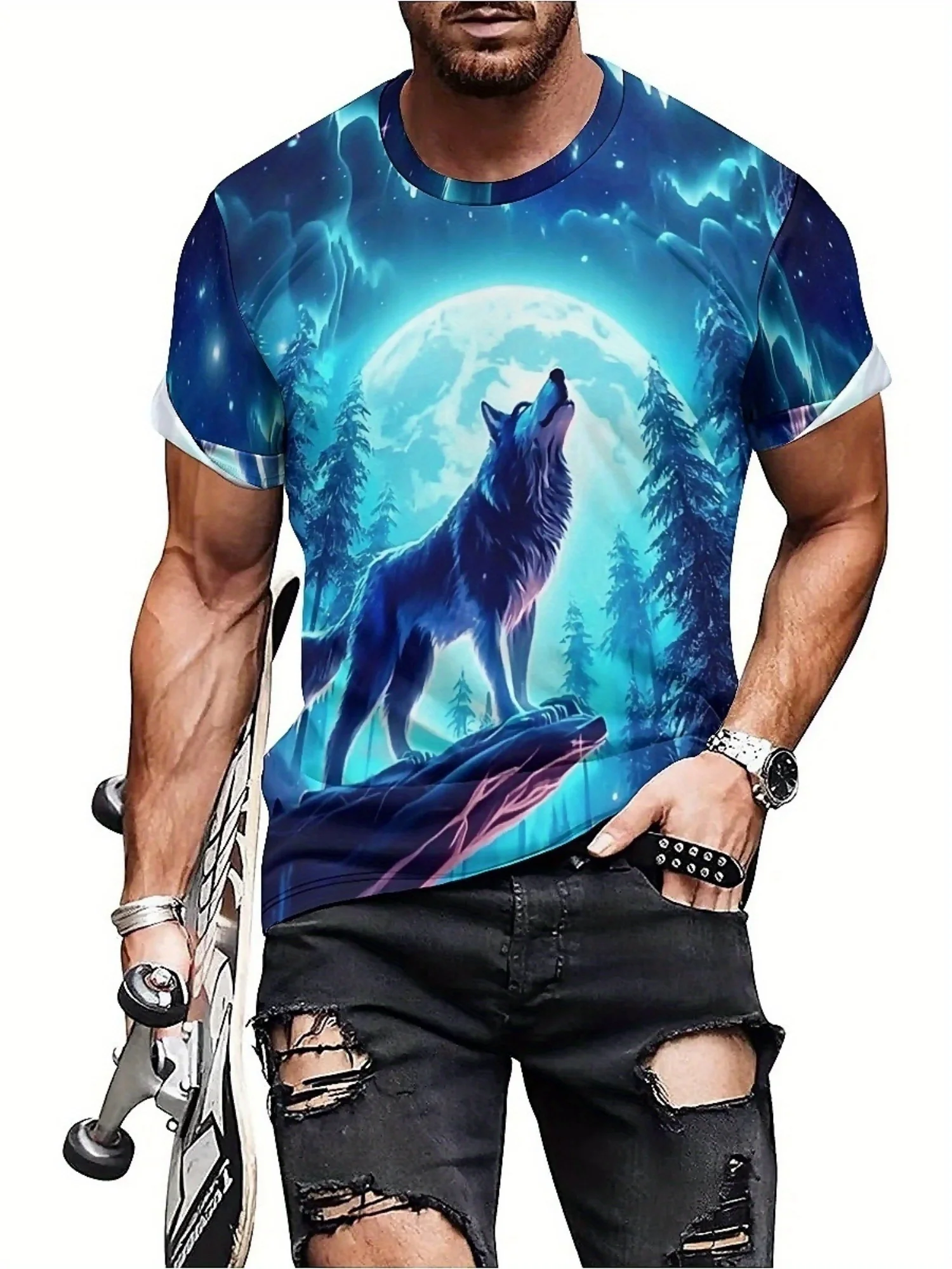 Camiseta masculina de manga curta de fibra de poliéster respirável de secagem rápida de verão com uma impressão de graffiti 3D vibrante de um Wolf100 selvagem