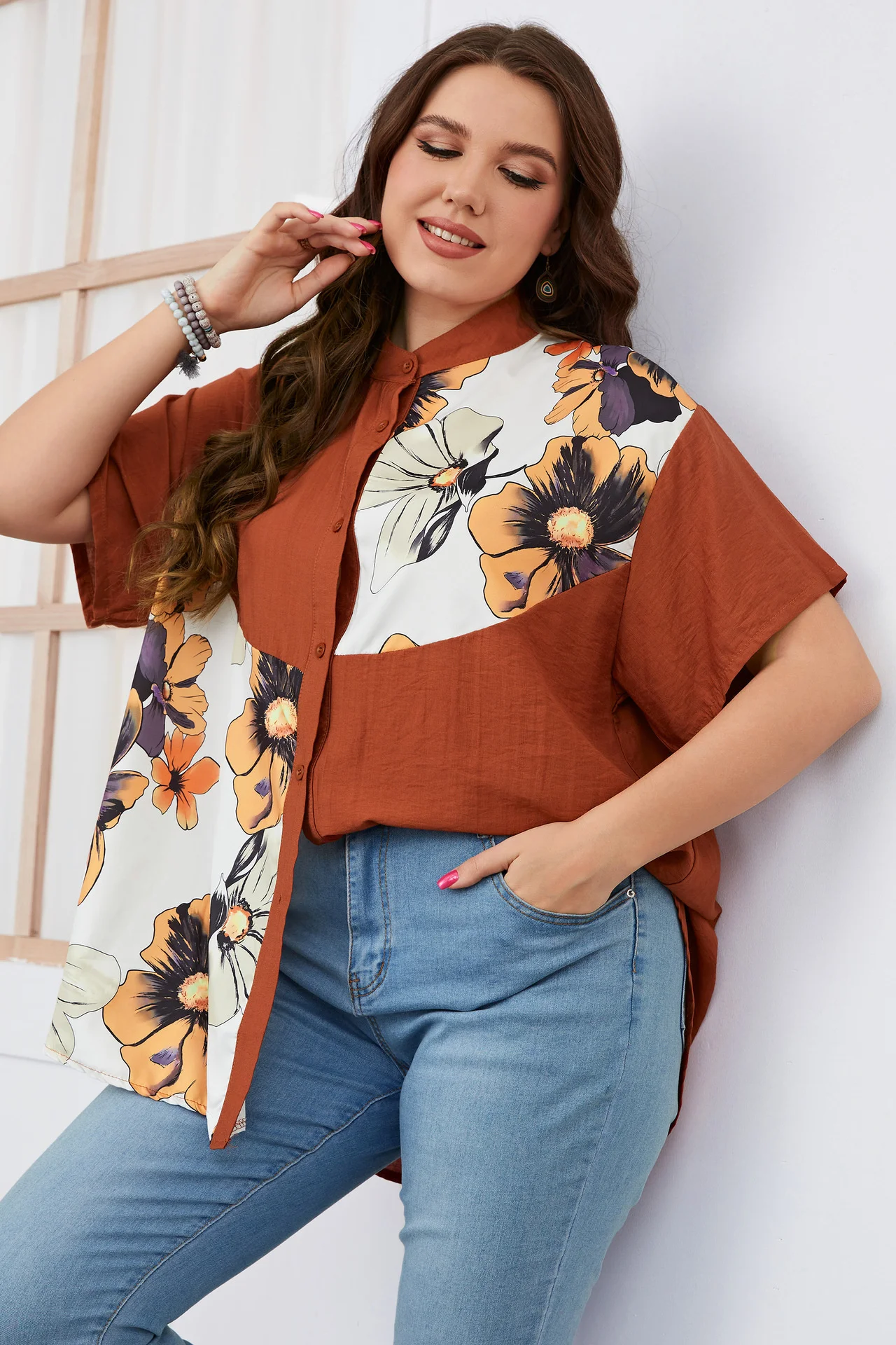 Plus Size Mulheres Camisa Solta Impresso Tops de manga curta Moda Casual Verão Tamanho Grande Lapela Feminina Single-breasted Camisa Tops