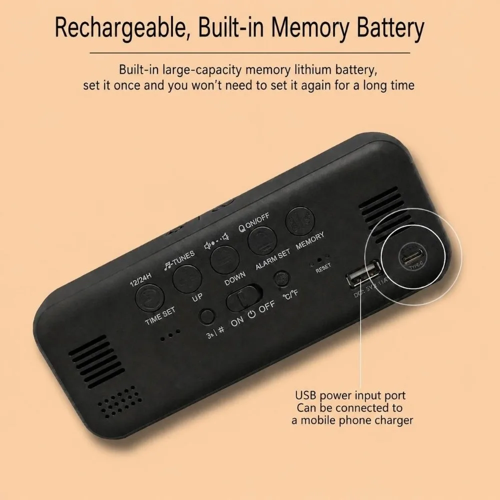 USB Charging Digital Alarm Clock Black White Temperature Display LED Alarm Clock LED Screen Mirror Surface Music Alarm Clock