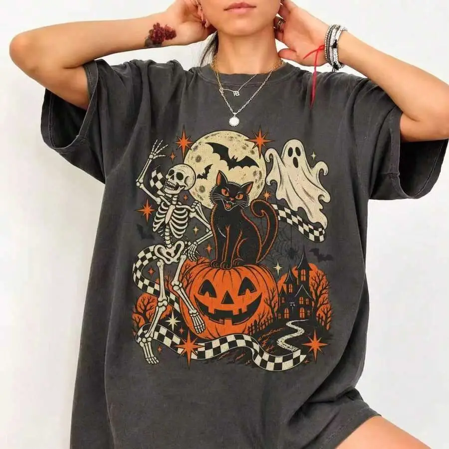 Y2K Retro Halloween Pattern Cotton T-shirt with Strange Pumpkin Ghost Scarecrow Print Loose Casual Street Wear Short Sleeved Top