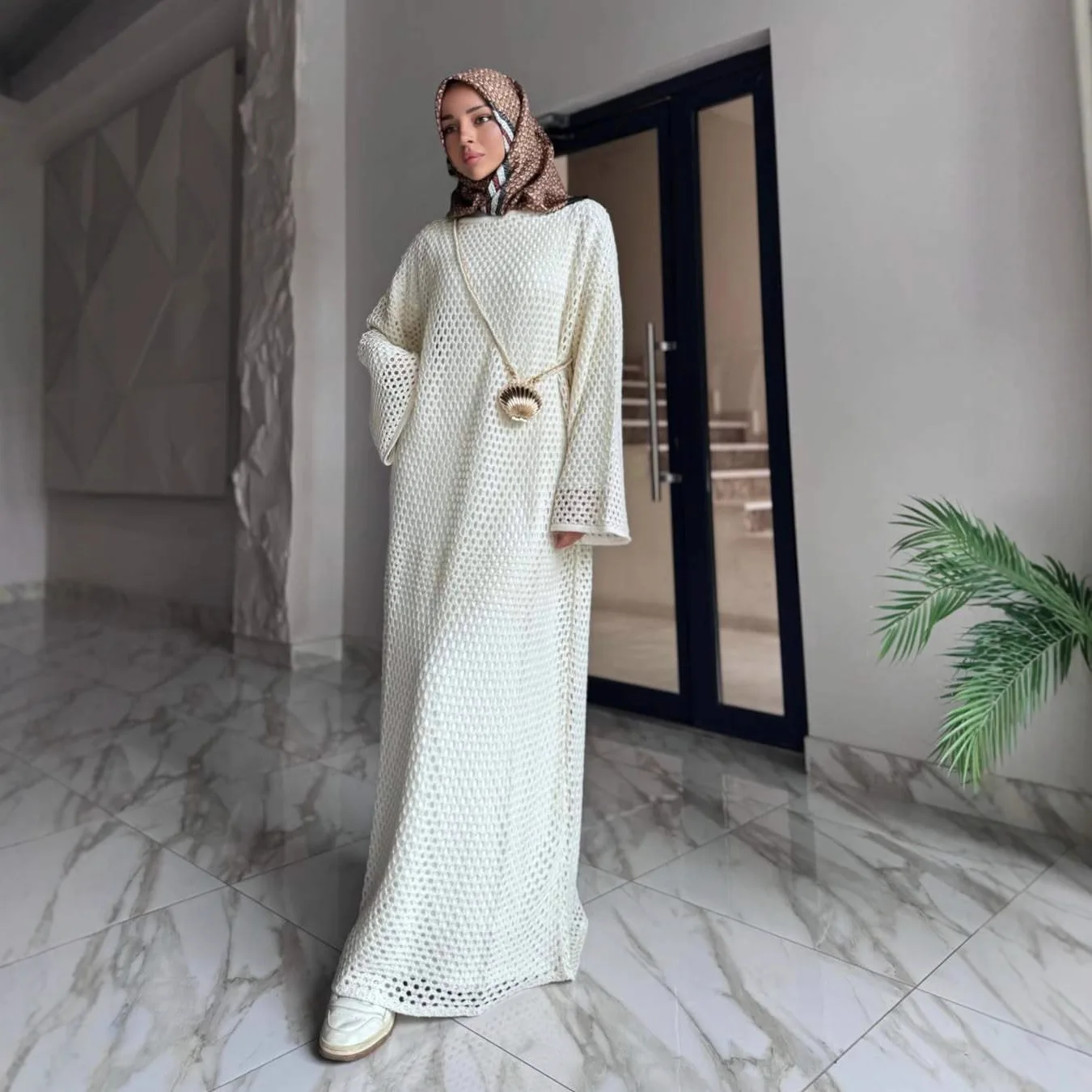 

Muslim Abaya Women Dresses Jalabiya Eid Knitted Dress Hollow Out Long Robe Ramadan Abayas Dubai Kaftan Islam Vestidos Morocco
