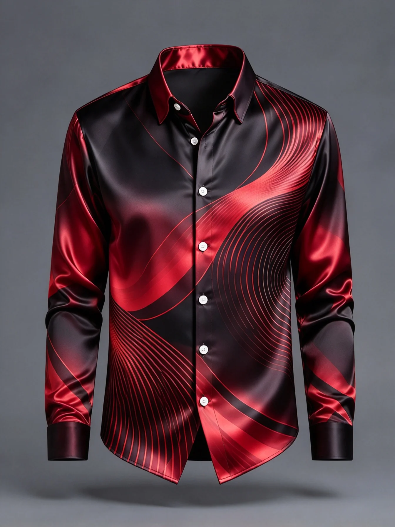 Men Satin Long Sleeve Button Up Shirt Red Black Curve Print Glossy Dress Shirt Party Nightclub Casual Top