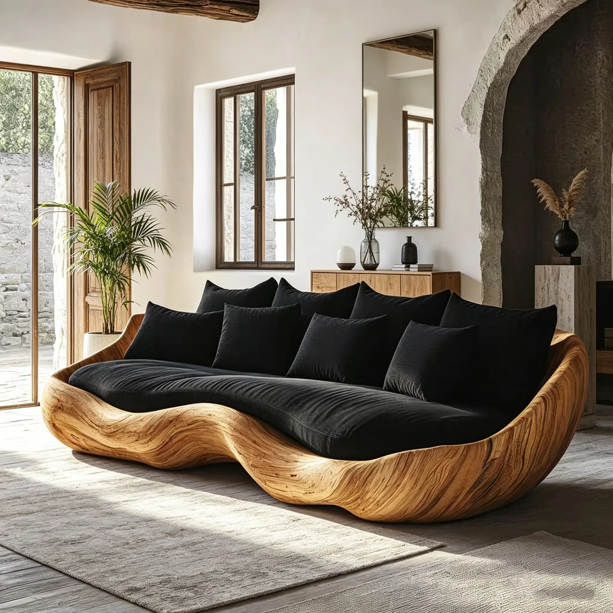 G*-Curved Multi-Seater Sofa with Fiberglass Wood Grain Frame and Fabric Upholstery with Decorative Pillows