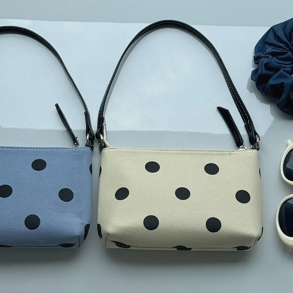 Polka Dot Pattern Dot Denim Bag Soft Mini Tote Women's Shoulder Bag with A Long Strap Korean Style Small Zipper Bag