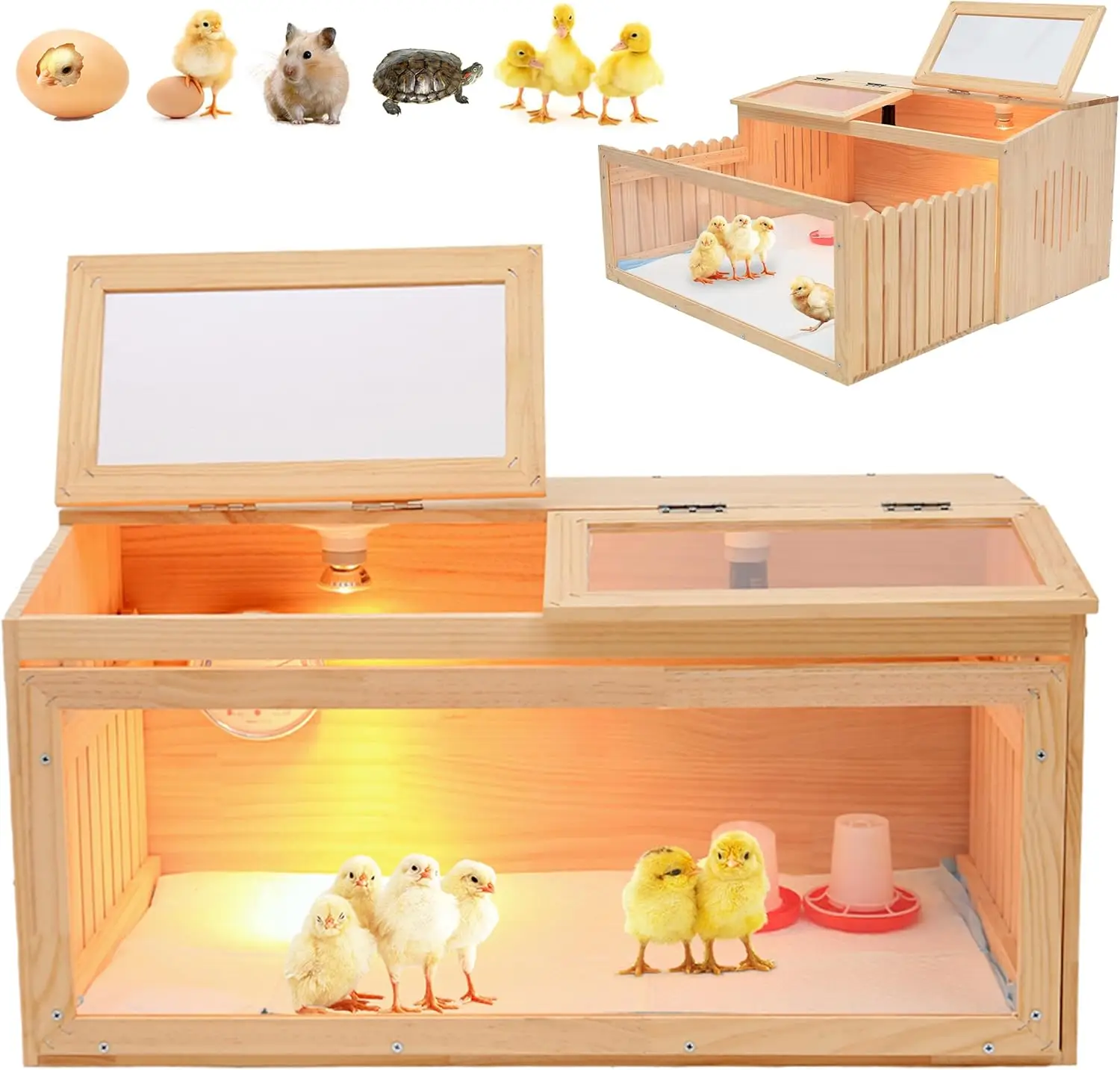 Indoor Poultry Rearing, Large Wooden Brooder Box, 32x16x16 Inches, with Bulb Set and Thermometer, Accommodates Up to 25 Chicks