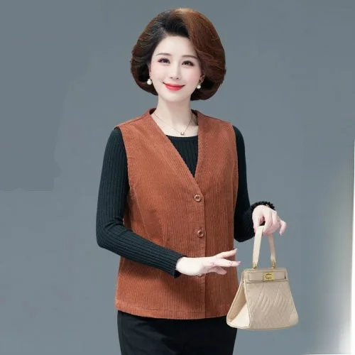 Faionable Ladies' Loose Fit Corduroy Vest Spring Autumn Wear for 50 Year Old Women ort Sle Patchwork Decorative Stitch ...