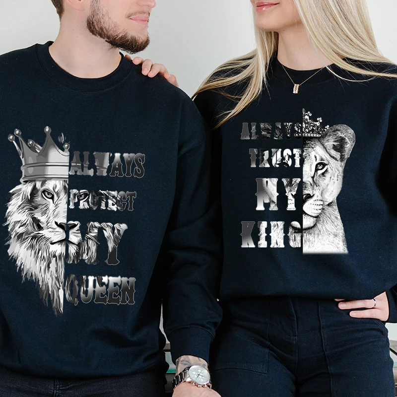 

Funny Matching Couples Sweatshirt "Always Trust My King/Always Protect Mu Queen" Women Men Long Sleeve Y2K Sudaderas