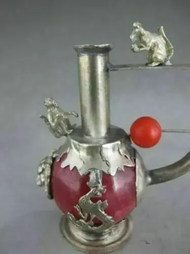 Old Handwork Red Jade inlay Pipe Tibet Silver Dragon Smoking Pipe Collectible