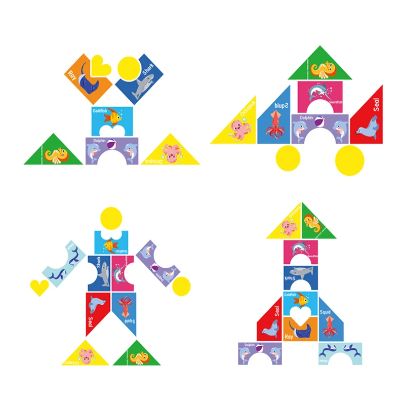 3 in 1 Wooden Tangram Jigsaw Puzzle Toy Educational Creative Geometric Shape Color Cognition Wood Building Blocks Gifts for Kids