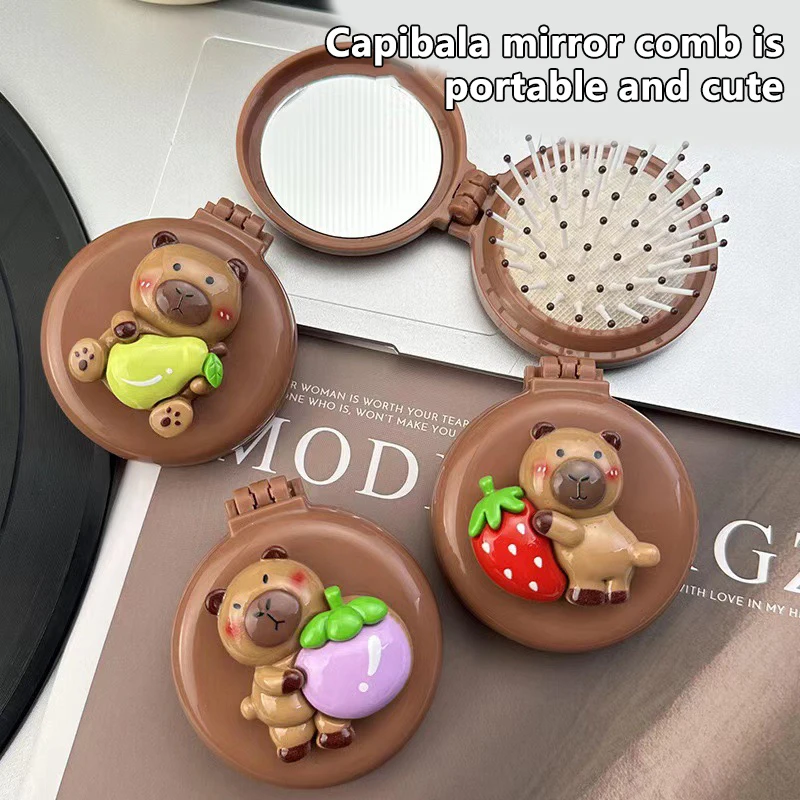 Cute Cartoon Folding Hair Comb With Cosmetic Mirror For Girls Air Cushion Massage Portable Comb Kids Dress Up Makeups Gifts