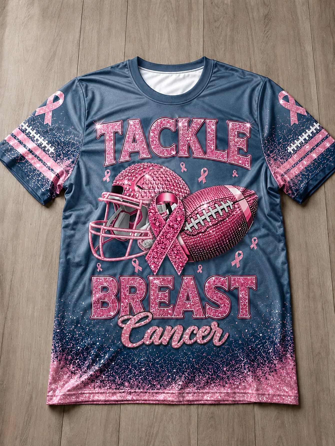New Tackle Breast Cancer Awareness Unisex Crew Neck Tee, 3D Print Short Sleeve Tee, Casual Top for Sports Watch Party Daily Wear