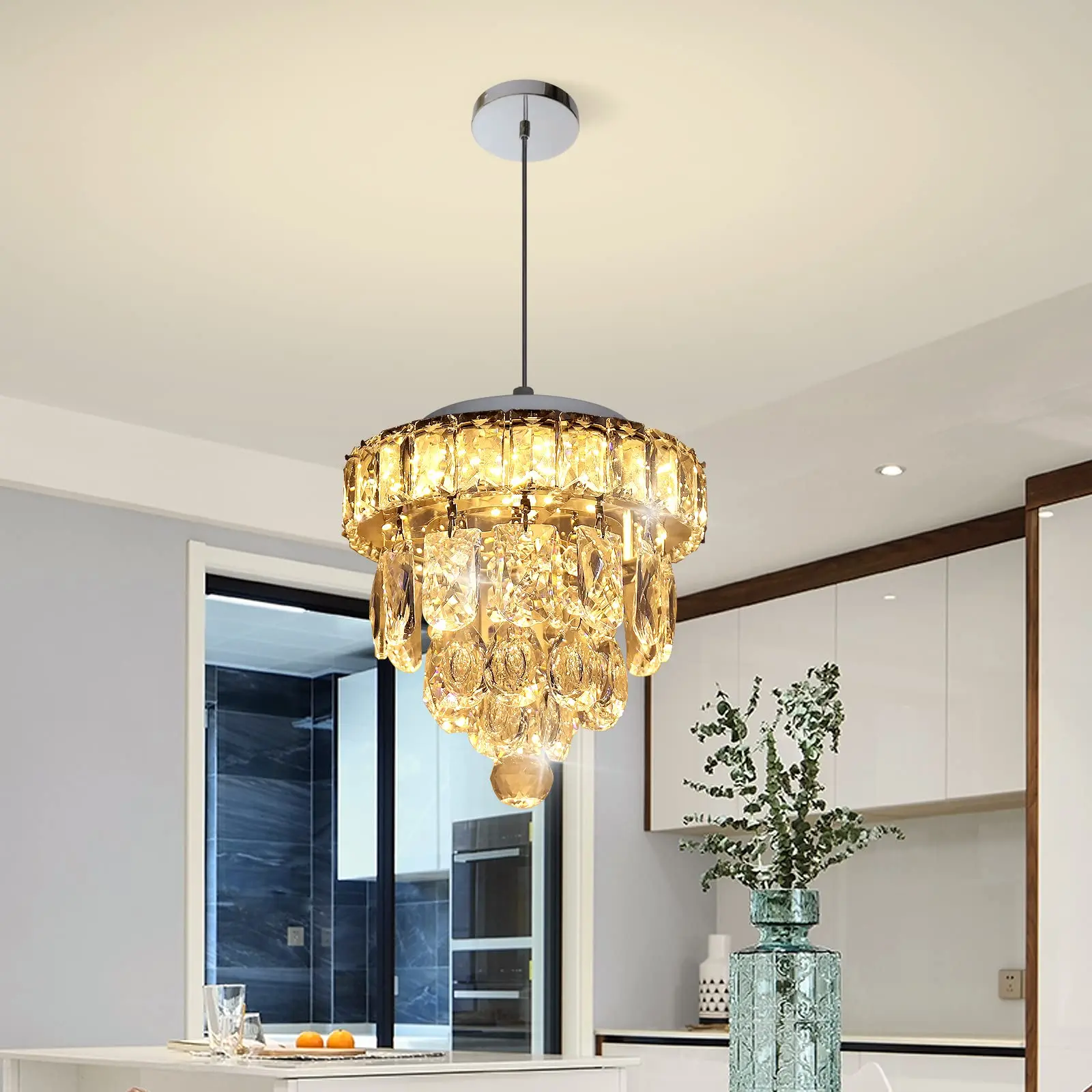 

Mini Crystal Chandelier,Chrome Ceiling Pendant Light Fixtures,LED Crystal Flush Mount Ceiling Light Dimmable for Room Hallway