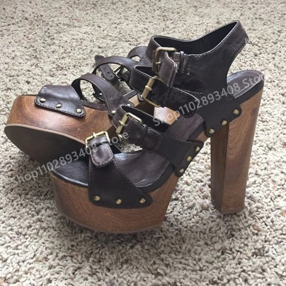

Black Belt Strap Hollow Sandals Matte Leather Platform Chunky High Heel Open Toe Fashion Women Shoes 2025 Summer ew Para Mujere