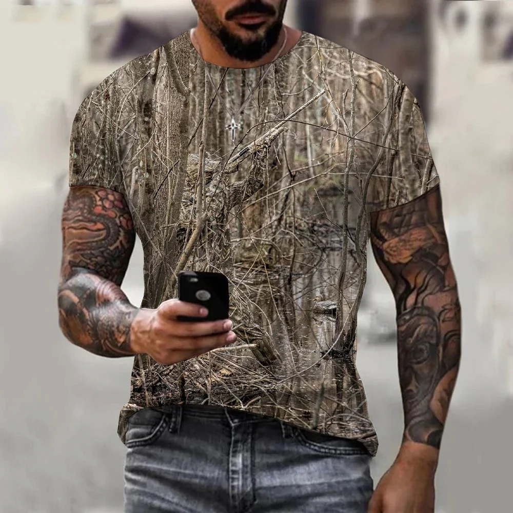 Men's Camouflage Short Sleeved T-shirt, Round Neck, Casual, Oversized Shirt, Outdoor Hunting Fashion, Summer Clothing