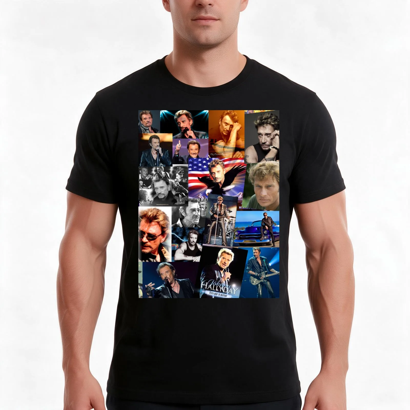 Johnny Hallyday French singer Assorted Rectangular Vintage Collage T-Shirt, Summer Casual Cotton Tee, Oversized Streetwear Tops