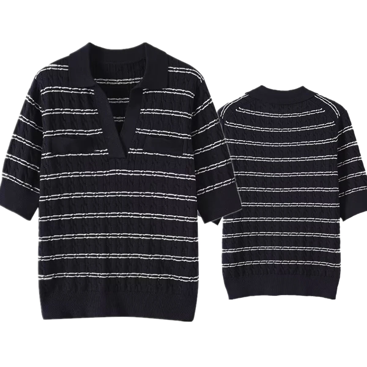 

Dave&Di Nordic Minimalist Navy Blue Striped Polo Shirt T-shirt French Elegant Commuter Casual Summer T-shirt Women Top