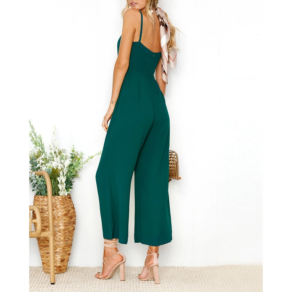 Women Spaghetti Strap Ruched Backless Wide Leg Elegant Work Jumpsuits Lady Summer One-Piece Sleeveless Green Jumpsuit Vestido