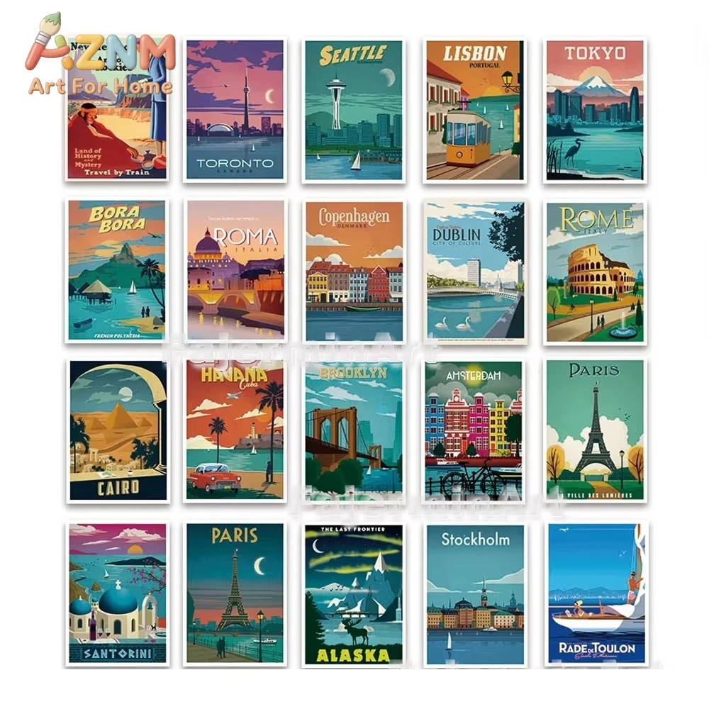 

1pc Vintage Famous City Travel Poster Canvas Painting Tourism Rome Toronto Landscape Wall Art Print for Interior Home Decor