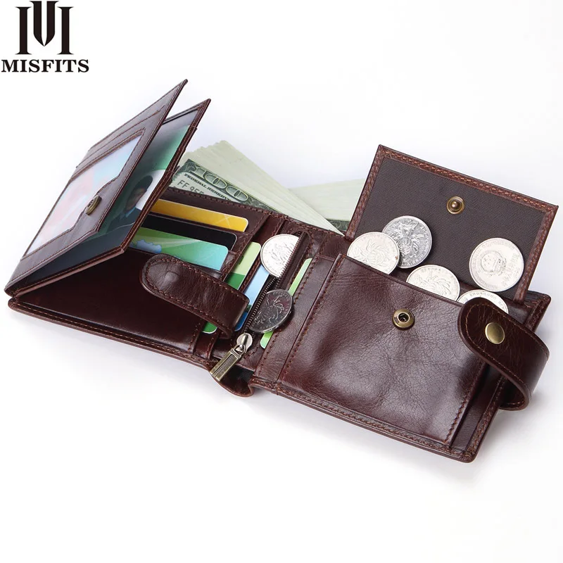 Anti-theft brush men's business oil wax leather retro head layer cofskin anti-magnetic wallet multi-clip buckle zipper wallet