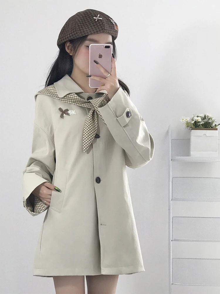 한국 스타일 대학 바람막이 재킷 여성용 가을 신상 루즈핏 롱 슬림 코트 소형 사이즈 중간 길이 싱글 버튼