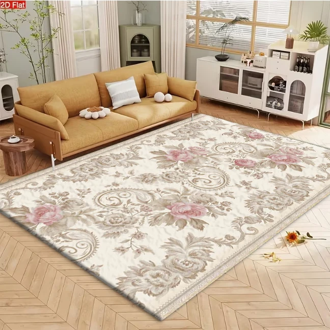 Vintage Pink Rose Floral Baroque Carpet Flooring Elegant Ornate Home Decor Area Rug for Living Room