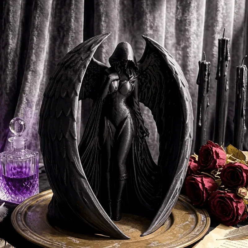 [Statue Decoration]Black Winged Hooded Lady Resin Statue Gothic Angel Woman Sculpture Dark Style Tabletop Figurine Decor
