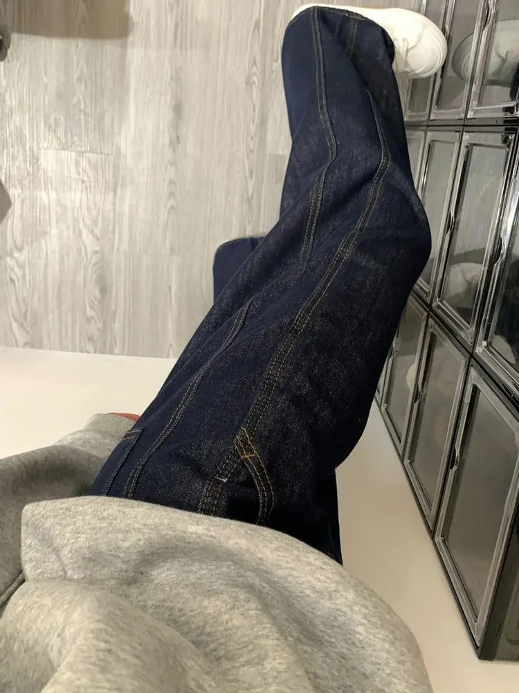 Jean à jambes larges doublé bleu profond pour femme, coupe ample, taille haute, coupe droite, automne hiver