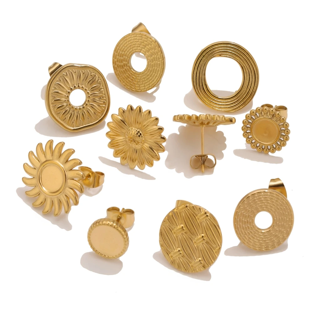 

6pcs/lot Gold Stainless Steel Flower Geometric Earring Studs Components for DIY Earring Base Jewelry Making Supplies Parts Bulk