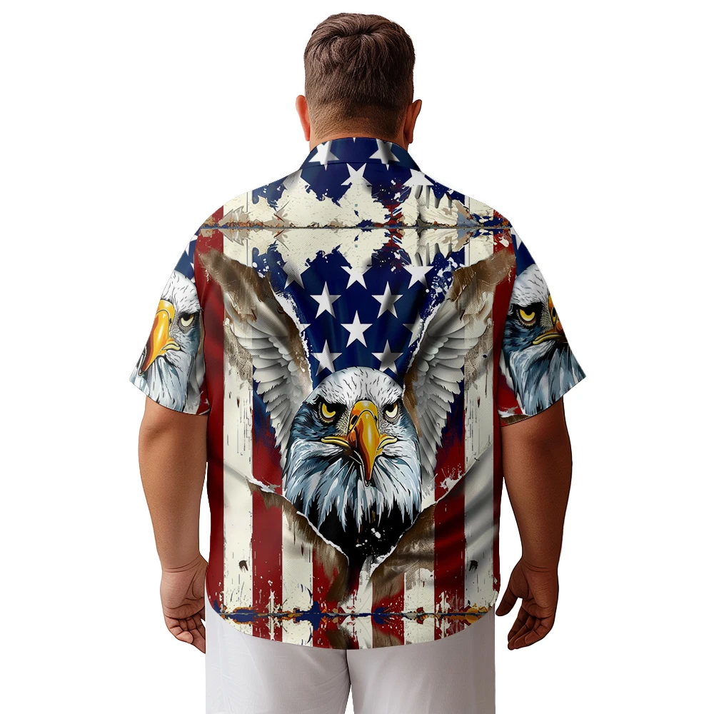 2024 new Hawaii Men's shirts plus size American flag flying bald eagle printed clothing casual short-sleeved