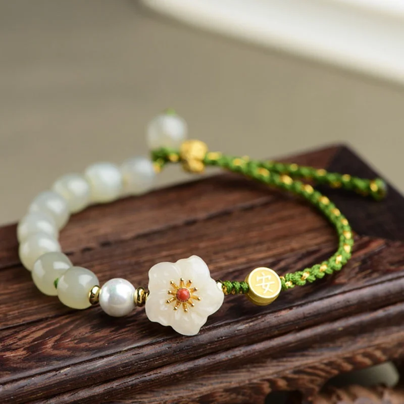 pulseras mujer san valentin tous joyería mujer bisutería mujer accesoriPulsera de Jade Hetian para mujer, pulsera de cuerda ajustable tejida a mano, con diseño de flor de cerezo, Perla de ágata roja, melocotón, regalo